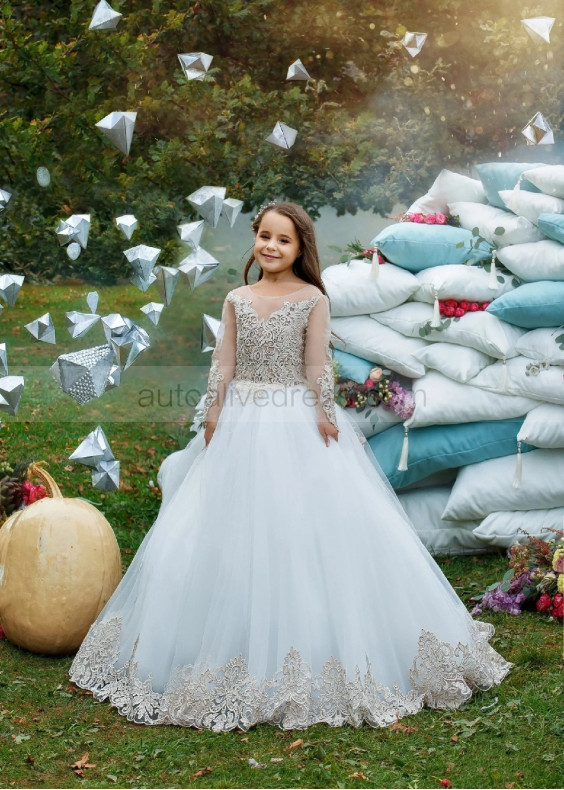 Long Sleeves Gold Lace White Tulle Dreamy Flower Girl Dress Long Sleeves Gold Lace White Tulle Dreamy Flower Girl Dress